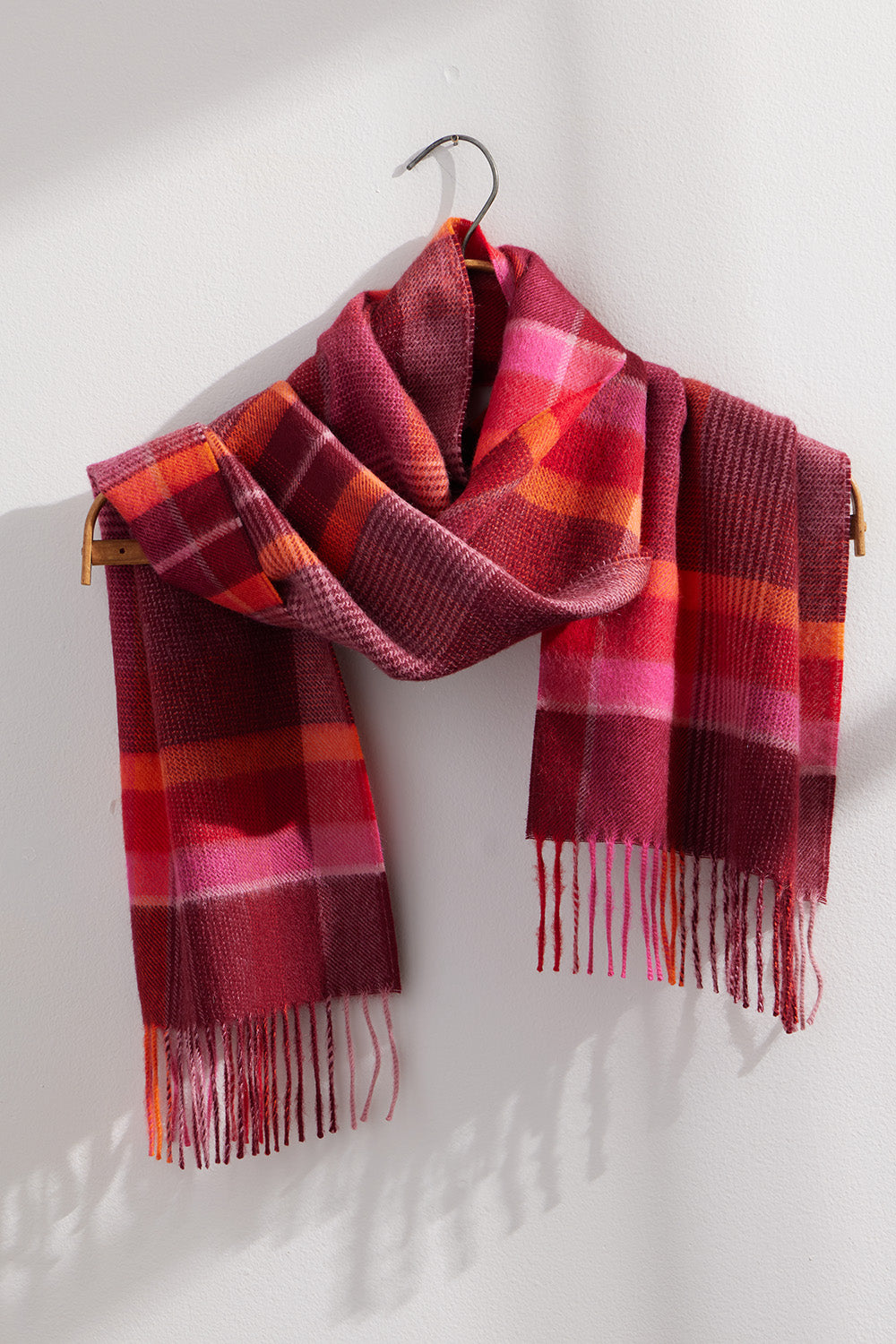  baby alpaca scarf - red pink plaid - fair trade - ethically made - fair indigo