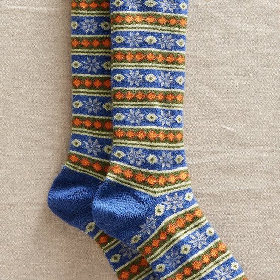 fair trade pattern alpaca socks - blue - stars stripes - ethically made - fair indigo