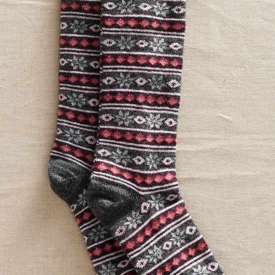 fair trade pattern alpaca socks - charcoal grey gray - stars stripes - ethically made - fair indigo