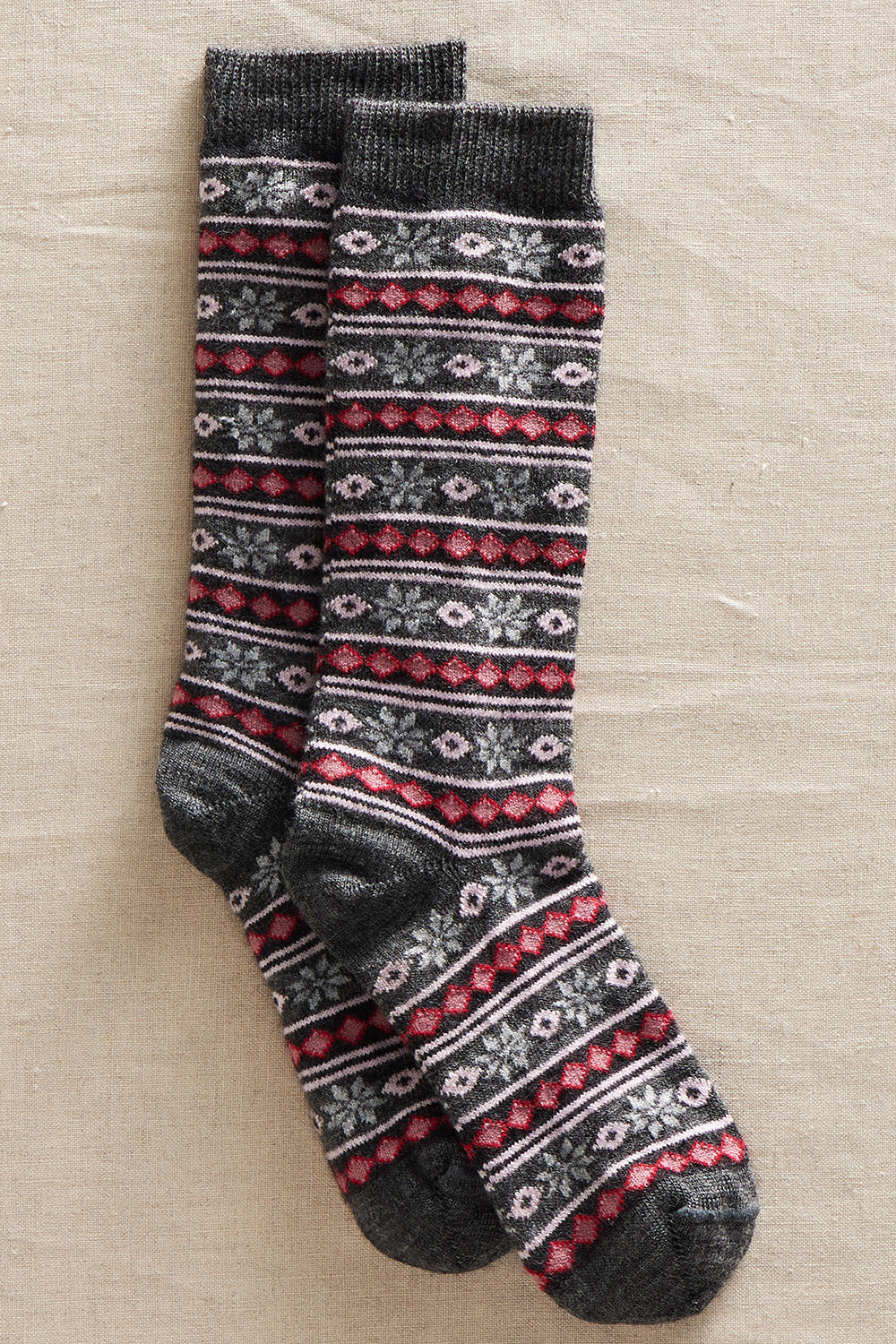 fair trade pattern alpaca socks - charcoal grey gray - stars stripes - ethically made - fair indigo