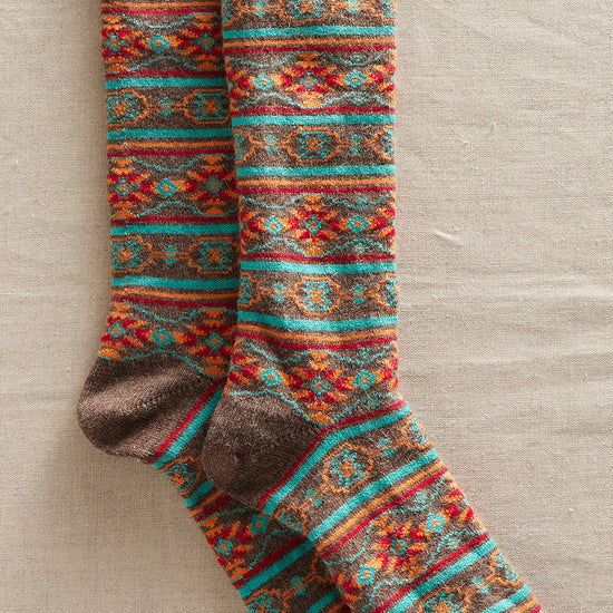 fair trade pattern alpaca socks - brown - southwest - ethically made - fair indigo