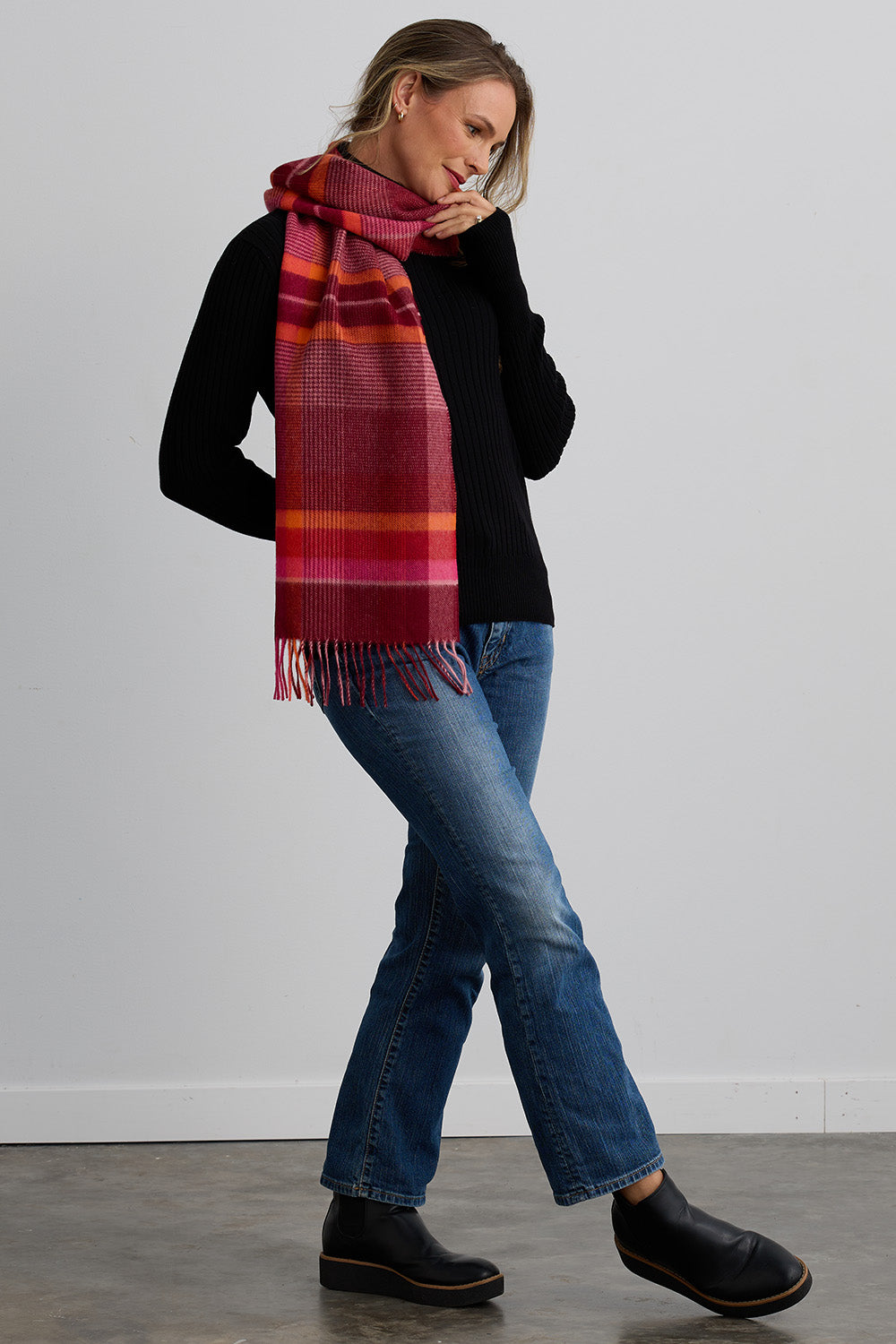  baby alpaca scarf - red pink plaid - fair trade - ethically made - fair indigo