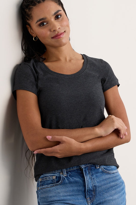 womens organic scoop neck t-shirt - dark charcoal heather grey - fair indigo fair trade ethically made