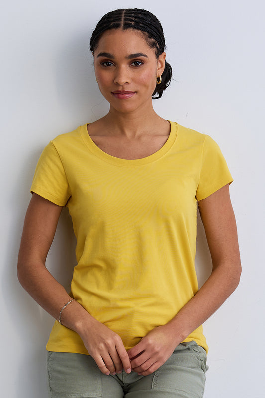 womens organic cotton scoop neck tee - misty yellow - fair indigo fair trade ethically made