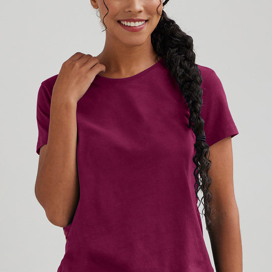 womens organic cotton relaxed crew neck t-shirt -boysenberry magenta - fair indigo fair trade ethically made