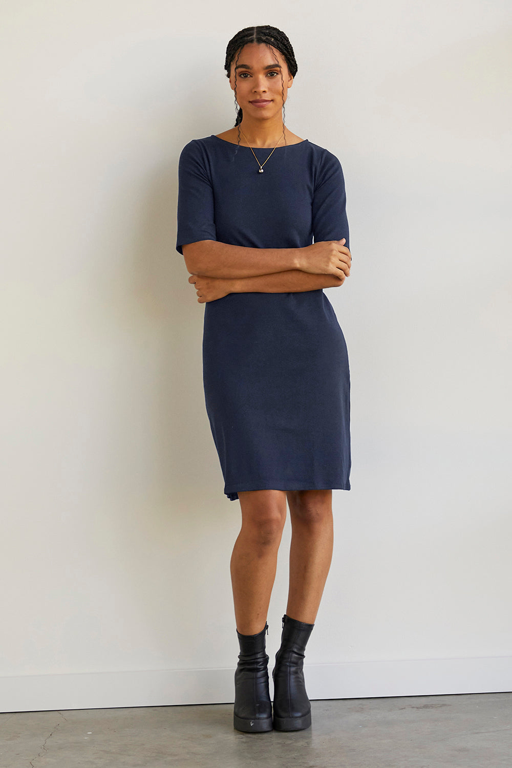 womens organic half sleeve boat neck dress- midnight navy blue - fair trade ethically made