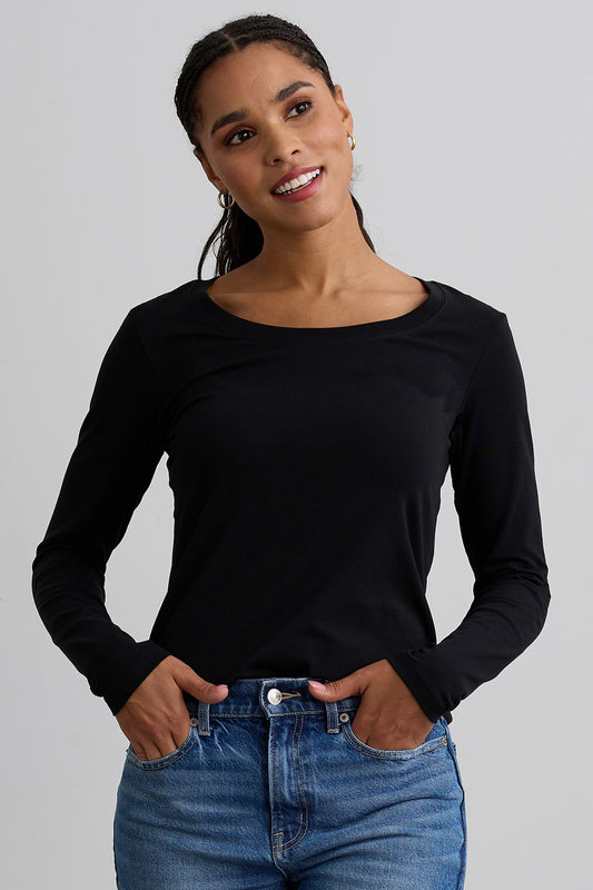 womens organic cotton long sleeve scoop neck tee - black - fair indigo fair trade ethically made