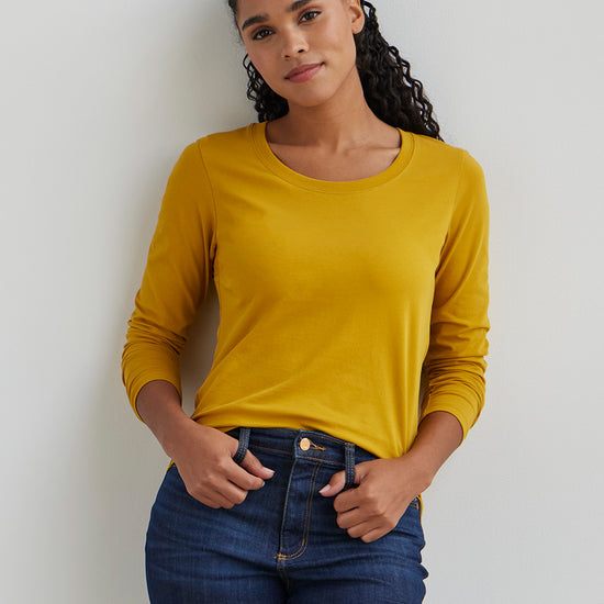 womens organic long sleeve scoop neck t-shirt - mustard gold yellow - fair indigo fair trade ethically made
