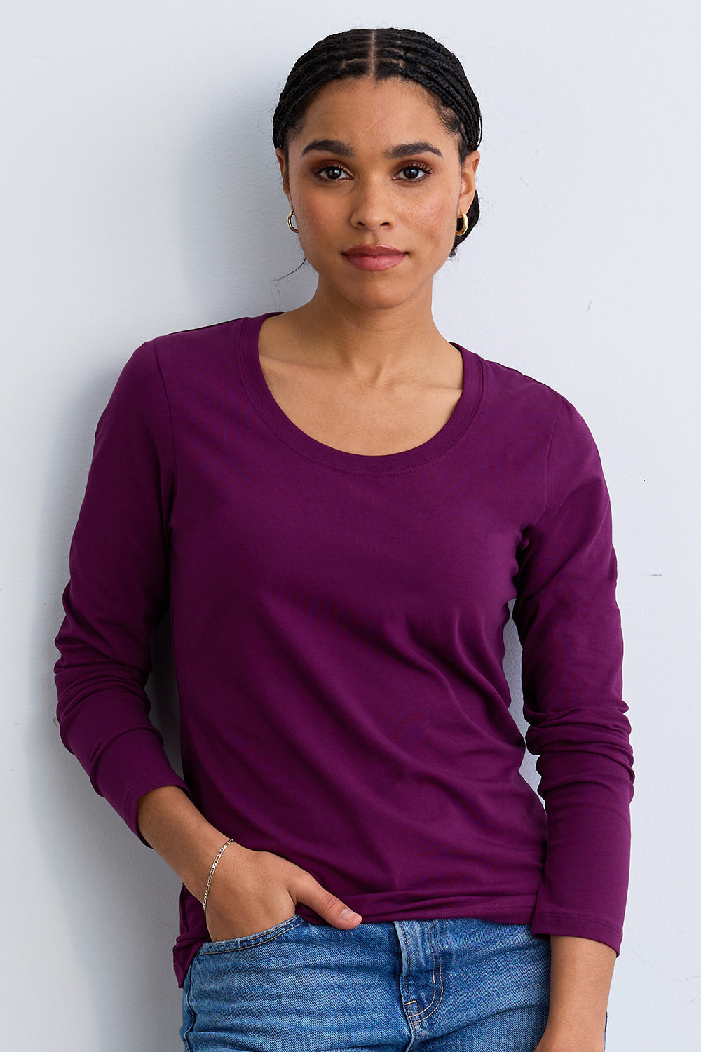 womens organic long sleeve scoop neck tee -plum purple - fair indigo fair trade ethically made