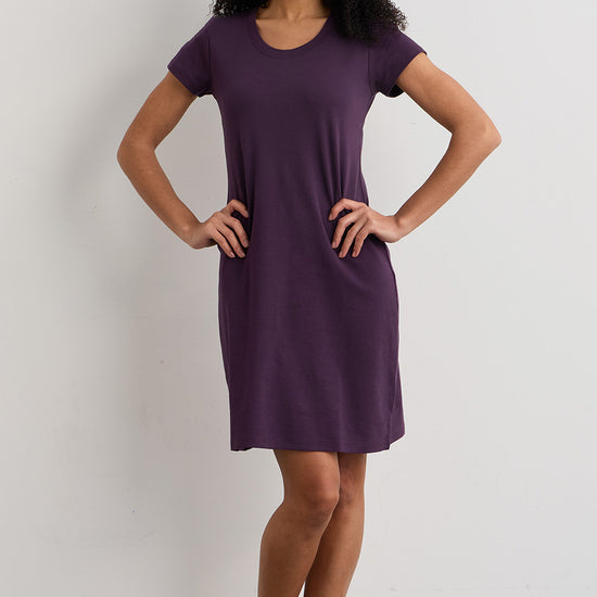 womens organic all cotton scoop neck t-shirt dress - eggplant - fair indigo fair trade ethically made