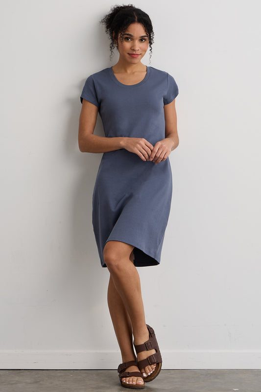 womens organic cotton scoop neck t shirt dress- slate blue - fair trade ethically made