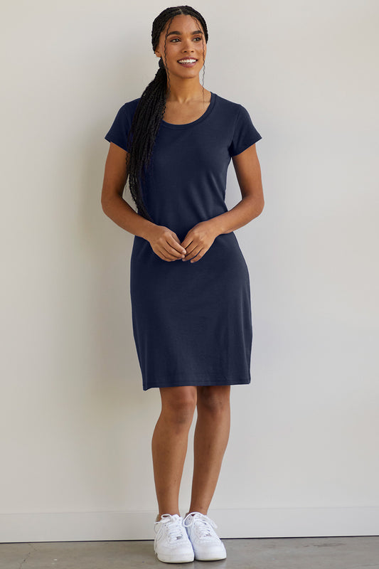 womens 100% organic cotton t-shirt dress - midnight navy blue - fair indigo fair trade ethically made