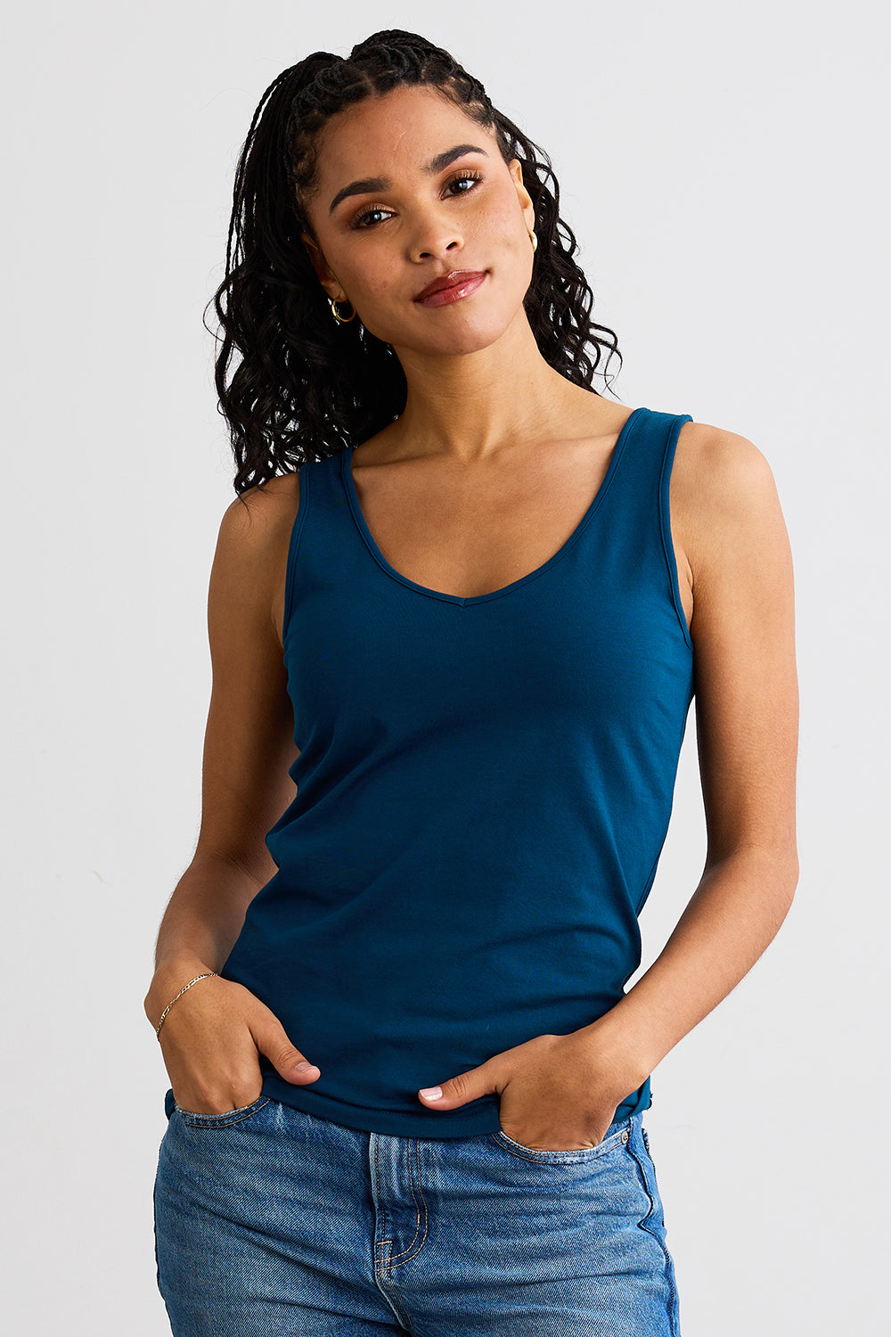 womens organic cotton v-neck tank top- peacock blue - fair indigo fair trade ethically made