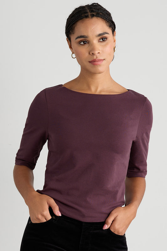 womens organic elbow sleeve boat neck tee- raisin purple- fair trade ethically made