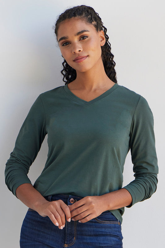 womens organic cotton long sleeve v-neck tee - balsam green - fair indigo fair trade ethically made