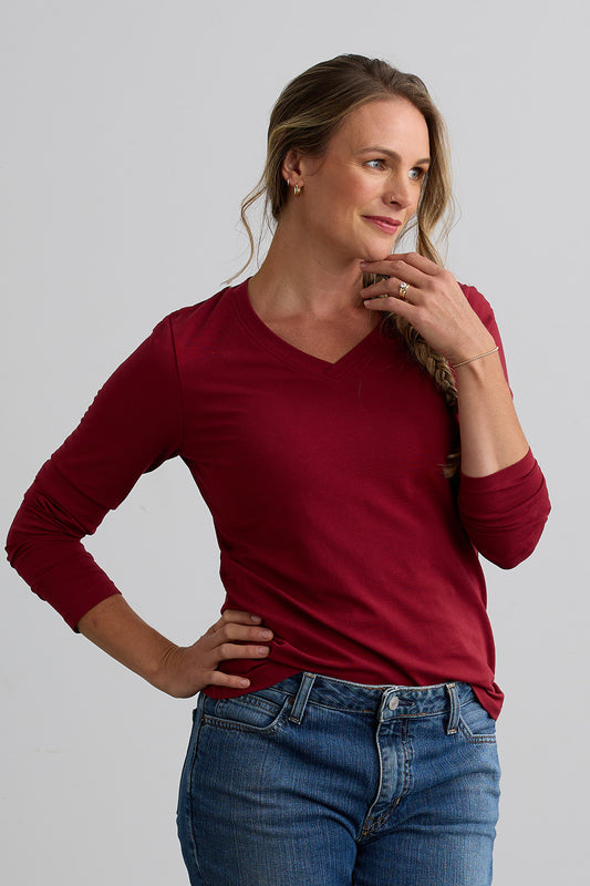 womens organic long sleeve v-neck t-shirt - bonfire red - fair indigo fair trade ethically made