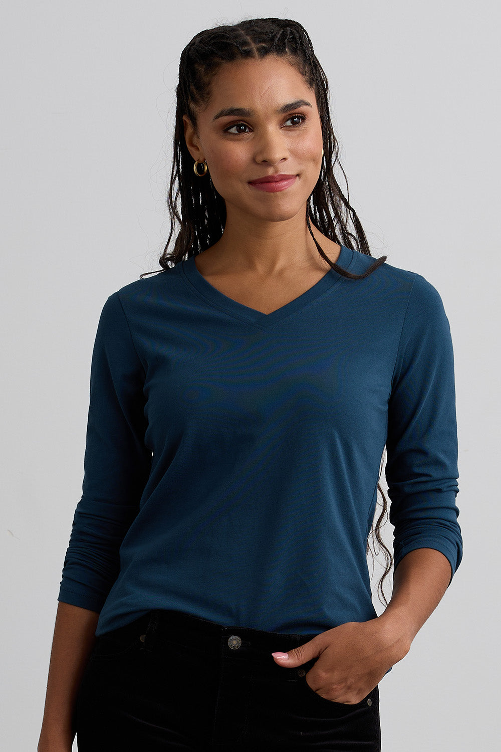 Fair Indigo Organic Long Sleeve V Neck T Shirt L Dark Ocean