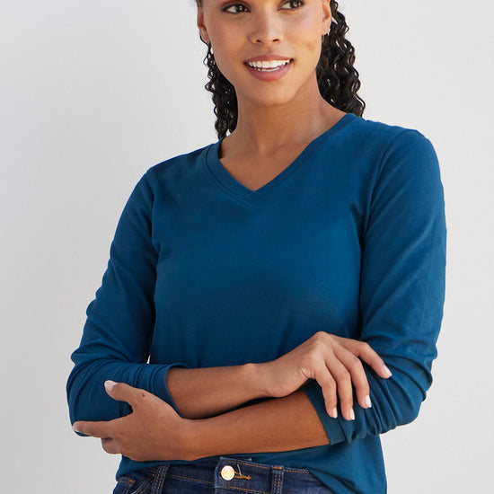 womens organic long sleeve v-neck t-shirt - peacock blue - fair indigo fair trade ethically made