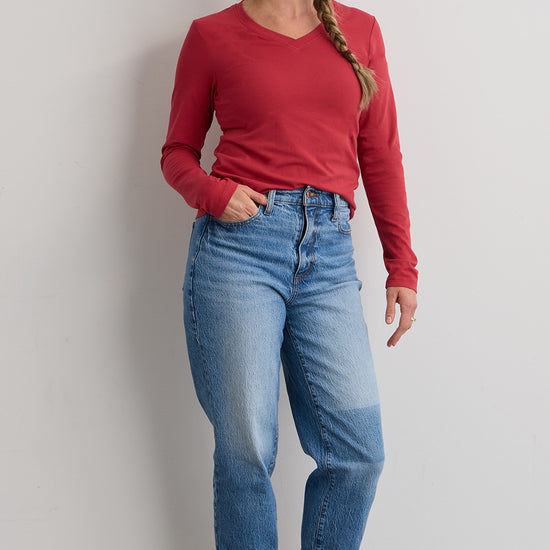 womens organic cotton long sleeve v-neck t-shirt - vintage red - fair indigo fair trade ethically made