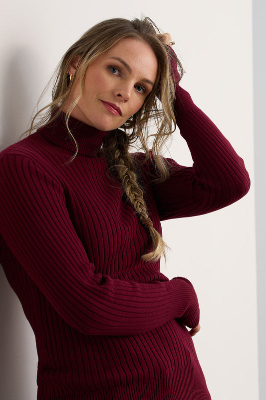 womens organic ribbed turtleneck sweater- wine burgundy - fair trade ethically made