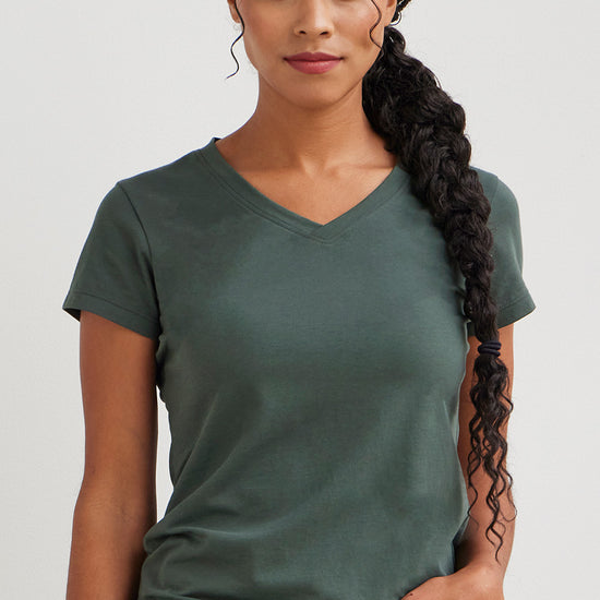 womens organic cotton v-neck t-shirt - balsam green - fair indigo fair trade ethically made