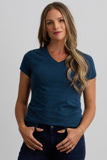 womens organic cotton v-neck t-shirt - dark  ocean blue - fair indigo fair trade ethically made