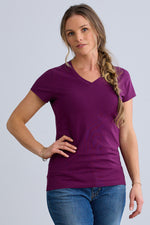 womens organic pima cotton v-neck tee - plum purple - fair indigo fair trade ethically made