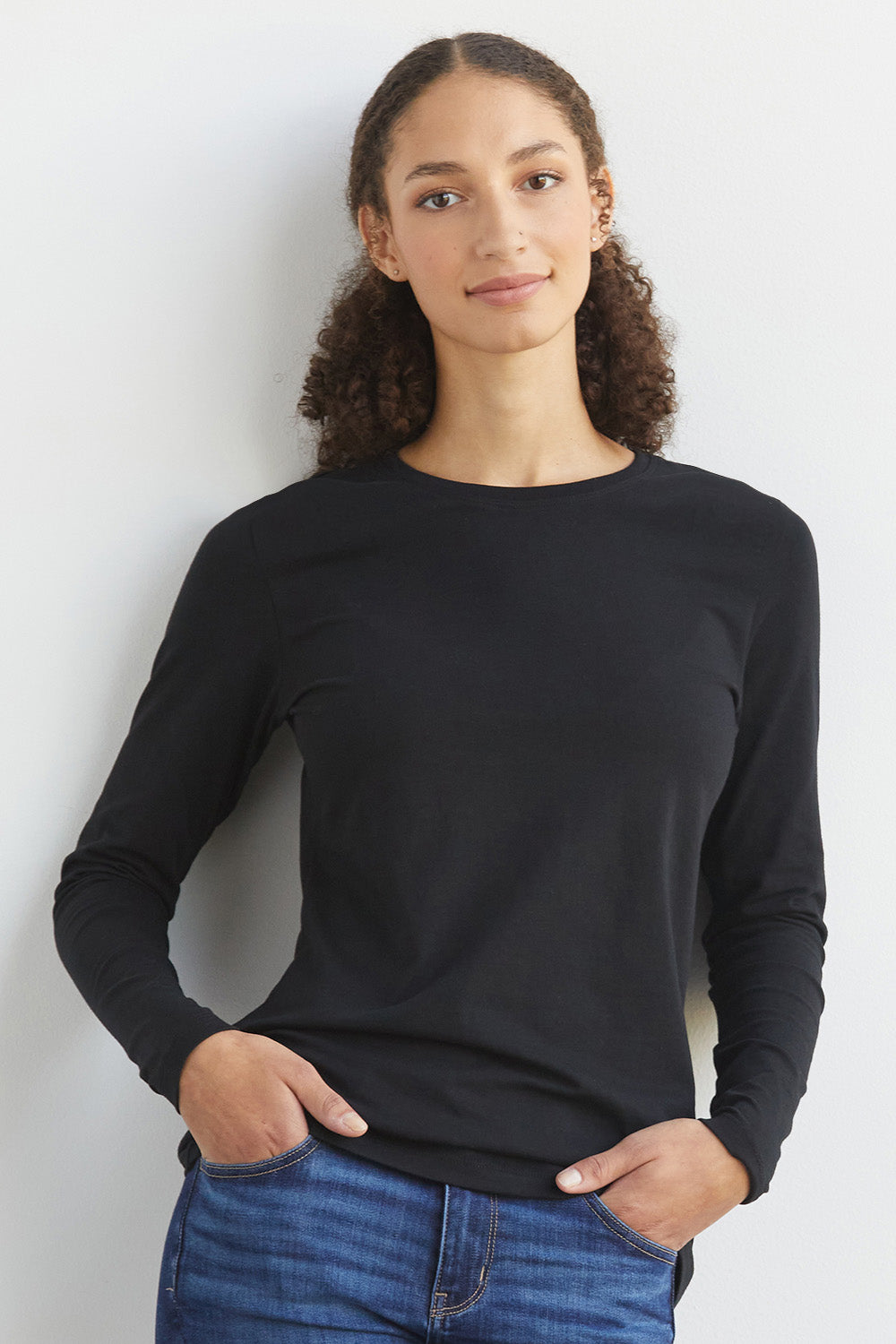 womens organic pima cotton long sleeve crew neck t-shirt - black - ethically made fair trade clothing - fair indigo