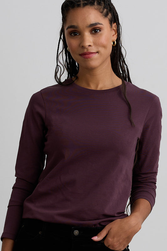 womens organic long sleeve crew neck tee - raisin purple - fair indigo fair trade sustainable