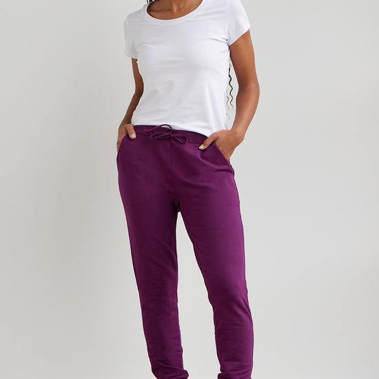 womens organic sweat pants - plum purple - fair indigo fair trade ethically made