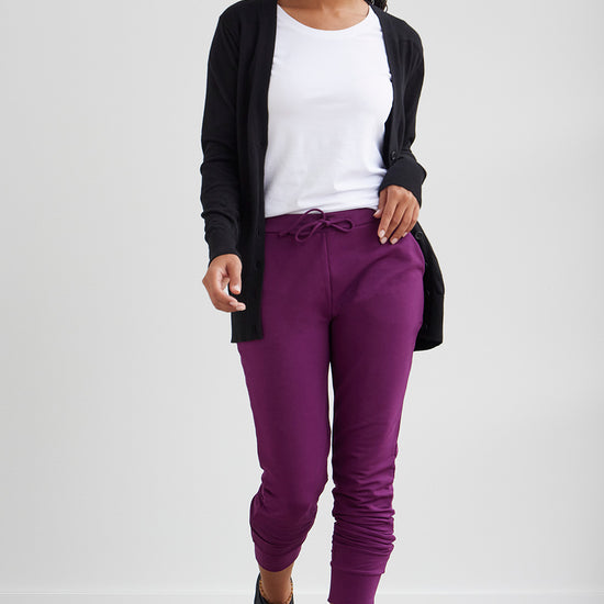 womens organic lounge pants - plum purple - fair indigo fair trade ethically made