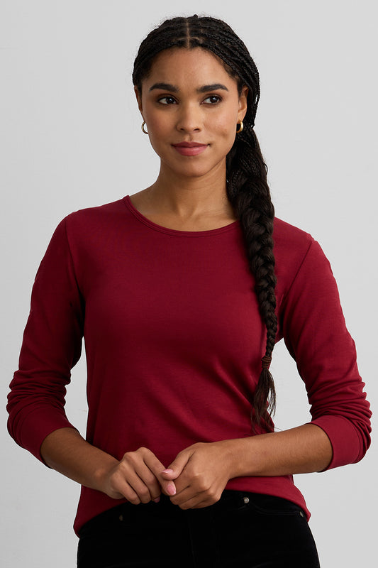 womens 100% organic cotton luxe long sleeve tee - bonfire red - fair indigo fair trade ethically made