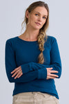 womens organic all-cotton interlock long sleeve tee - peacock blue - fair indigo fair trade ethically made