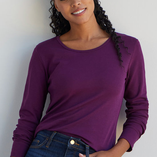 womens organic 100% cotton luxe long sleeve t-shirt - plum purple - fair indigo fair trade ethically made