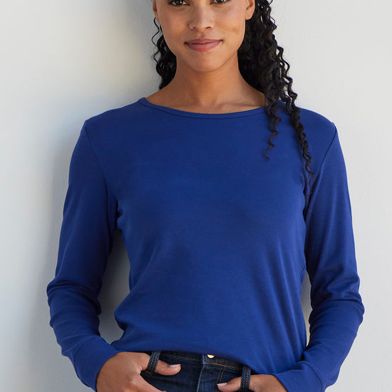 womens organic 100% cotton luxe long sleeve t-shirt - royal blue - fair indigo fair trade ethically made