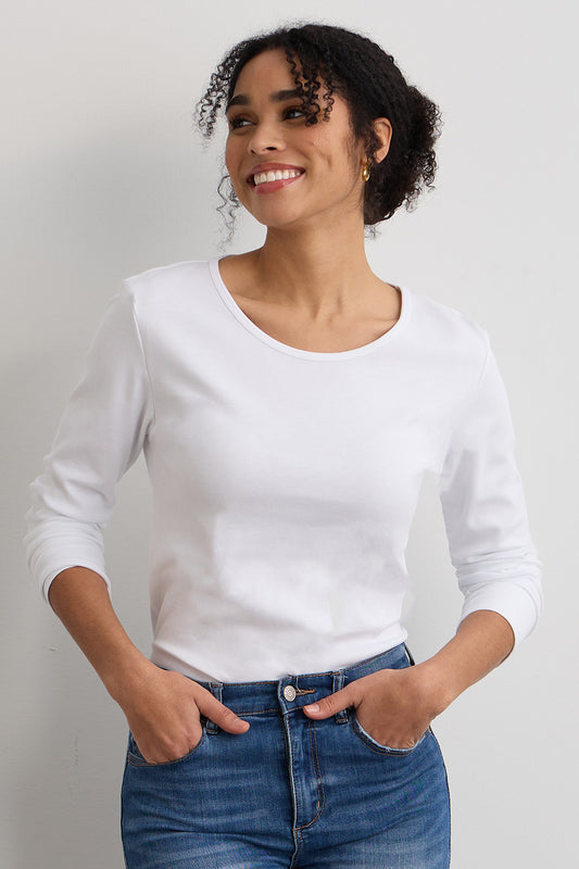 womens organic all-cotton interlock long sleeve tee - white - fair indigo fair trade ethically made