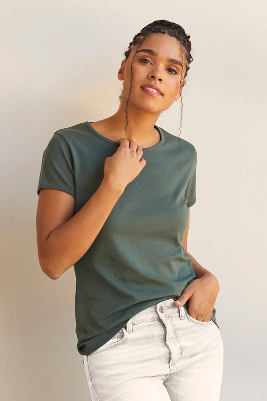 womens organic pima cotton jewel neck t-shirt - balsam green - fair indigo ethically made fair trade