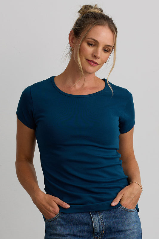 100% organic cotton short sleeve jewel neck tee peacock blue - fair indigo ethically made fair trade