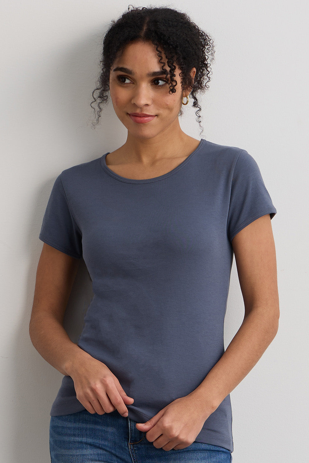 womens organic cotton jewel neck tee - slate blue - fair indigo ethically made fair trade