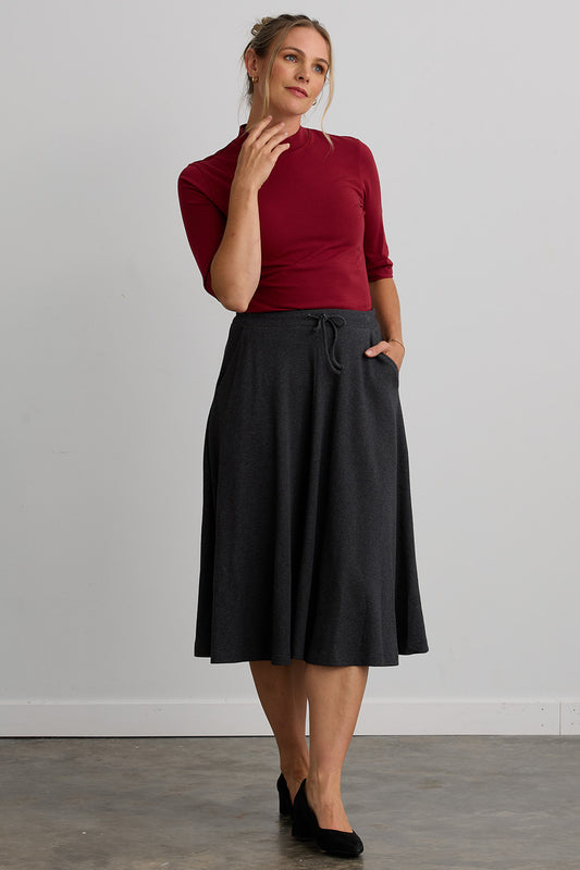 womens 100% organic cotton midi skirt with pockets - dark charcoal heather - fair indigo fair trade ethically made