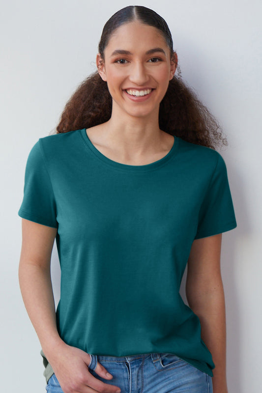 womens organic 100% cotton crew neck tee - deep teal green - fair indigo fair trade ethically made