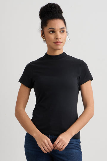 womens organic slim mock neck tee - black - fair indigo fair trade ethically made