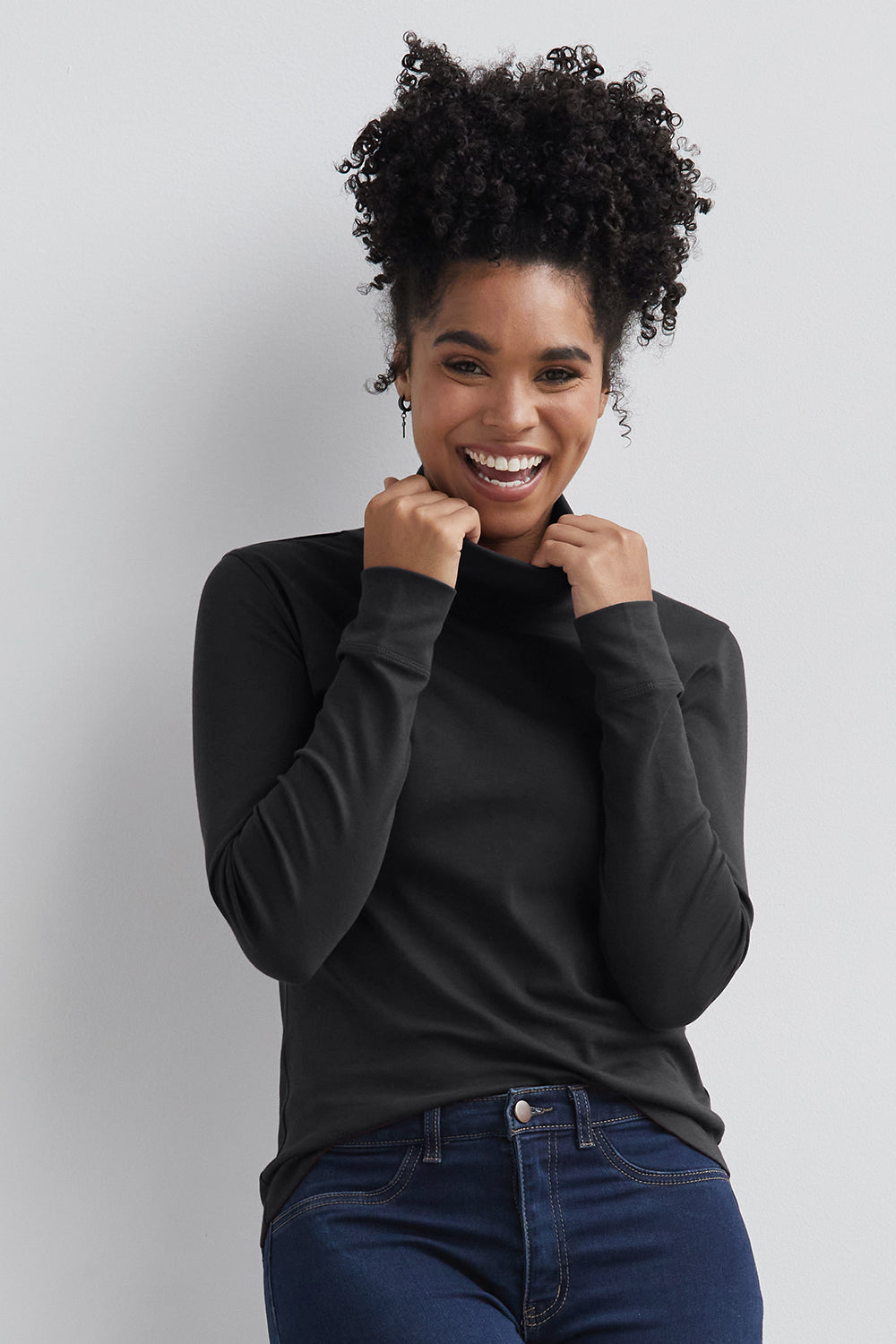 womens organic pima cotton knit turtleneck -black - fair indigo fair trade ethically made