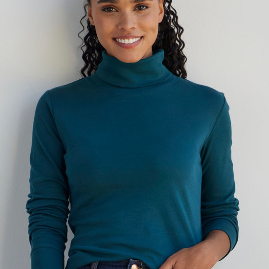 womens organic 100% pima cotton turtleneck - deep teal green - fair indigo fair trade ethically made