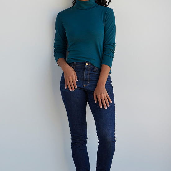 womens organic all cotton luxe turtleneck - deep teal green - fair indigo fair trade ethically made