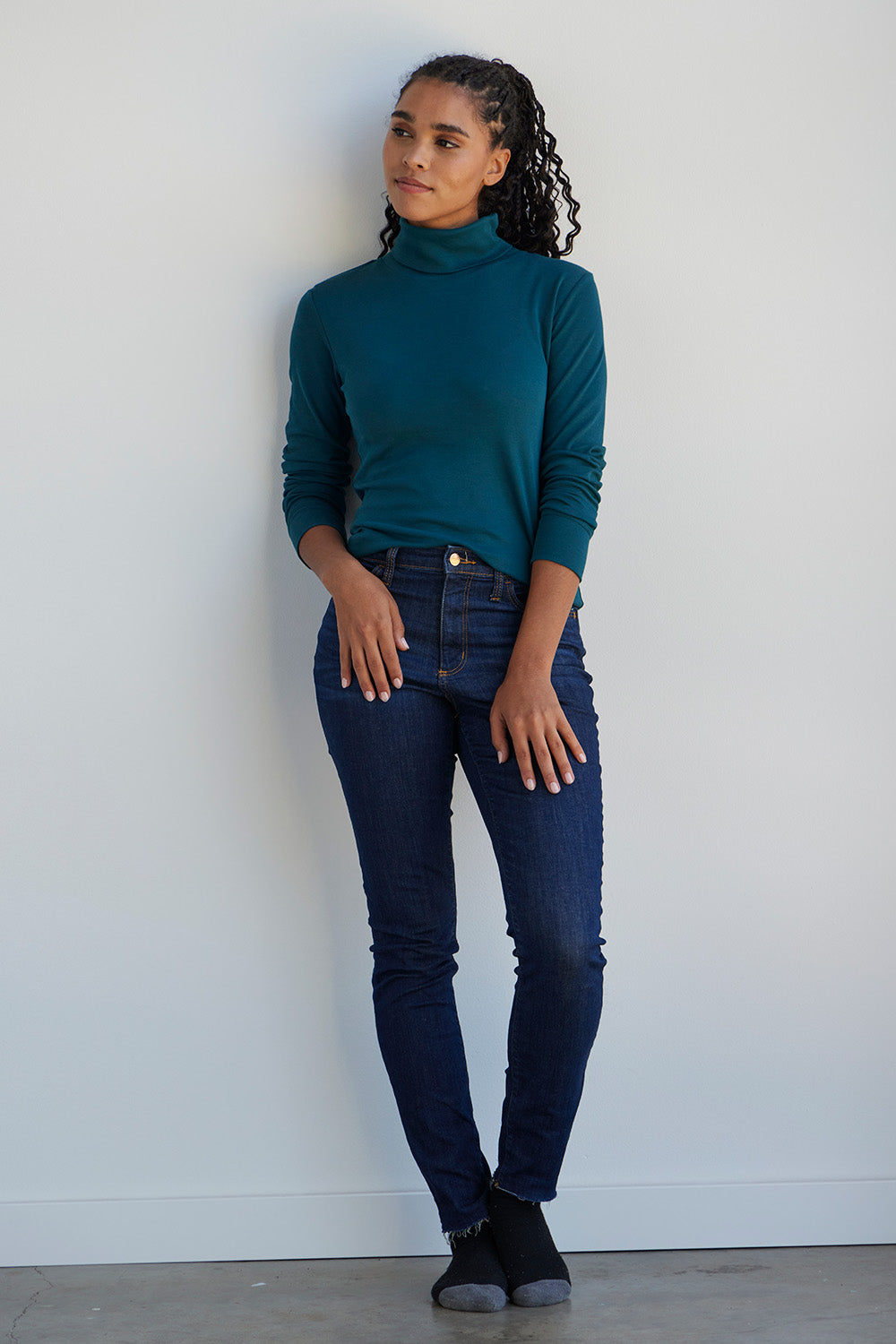 womens organic all cotton luxe turtleneck - deep teal green - fair indigo fair trade ethically made