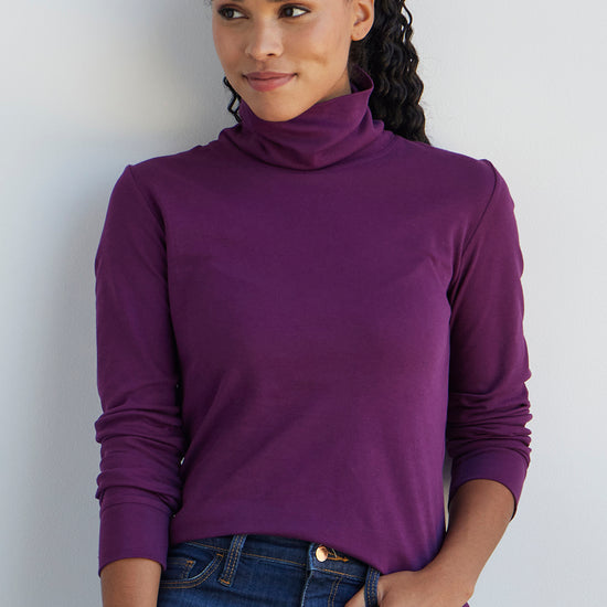 womens organic all cotton luxe turtleneck - plum purple - fair indigo fair trade ethically made