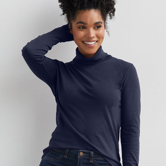 womens organic all cotton luxe turtleneck - navy blue - fair indigo fair trade ethically made