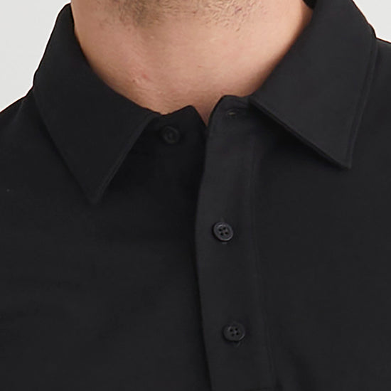 mens 100% organic cotton interlock polo - black - fair indigo fair trade ethically made close up