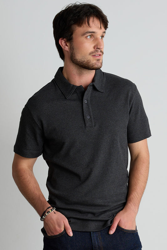 mens organic all cotton luxe polo - dark charcoal heather grey - fair indigo fair trade ethically made